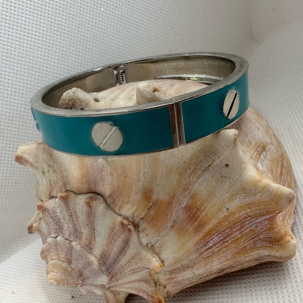 Vintage Y2K Women's Silvertone Turquoise Blue Hinge Screw Bracelet Size 7.5"